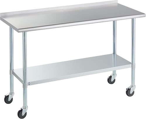 Image of Stainless Steel Table for Prep & Work with Caster & Backsplash 24x60 Inches, NSF Metal Commercial Kitchen Heavy Duty Table with Adjustable Under Shelf and Table Foot for Restaurant, Home and Hotel
