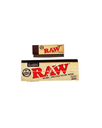 RAW Unrefined Classic 1 Â¼ Cigarette Rolling Papers Bundle Kit - 1 Packs RAW Rolling Papers (50 Count) + 1 Pack of RAW ORIGINAL TIPS (50 COUNT) UNBLEACHED RAW TIPS Plus PUFLAX UFO Sticker