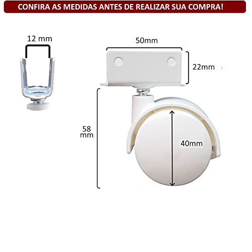 Kit 2 Rodizio para moveis Giratório com freio + 2 sem freio 40mm Perfil U 12mm Branco