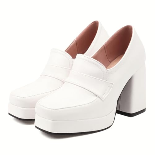 Alyaafifa Chunky High Heel Pumps for Women Closed Square Toe Thick Heel Platform Loafers Matte Leather Slip On Dress Shoes Comfortable Office Work Business Party Wedding Event
