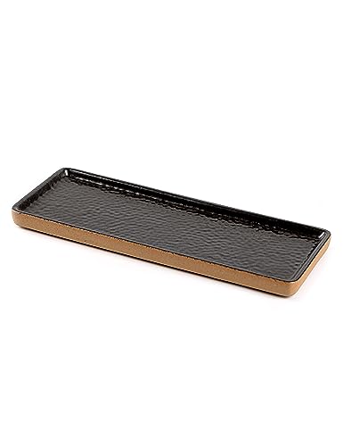 GaLouRo Vanity Tray with Brown Trim, Candle Tray, Bathroom Countertop Perfume Holder Organizer, Decorative for Dresser, Table, Countertop, Home décor, Rectangular, Black, 12''×4.7''