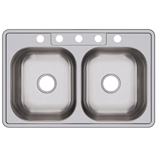 Image of Dayton Stainless Steel 33 inch x 21-1 /4 inch x 6-9 /16 inch, 5-Hole Equal Double Bowl Drop-in Sink