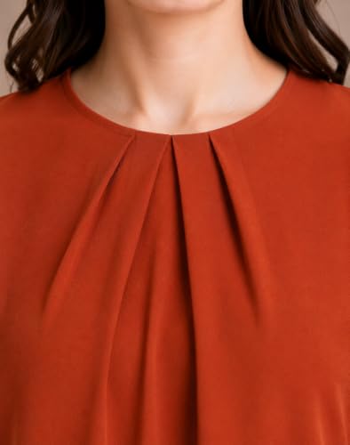 Image of Mirana Women's Full Sleeve Solid Top | Round Neck Pleated Front Regular Fit Office Casual Blouse with Button Cuffs