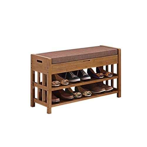Banc de rangement en bambou à 3 niveaux avec coussin gris pour entrée