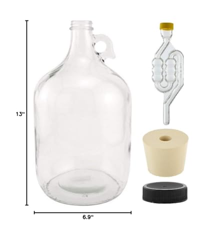 North Mountain Supply - 1G-38-ST-TB-1 1 Gallon Glass Fermenting Jug with Handle, 6.5 Rubber Stopper, Twin Bubble Airlock, Black Plastic Lid (Set of 1)