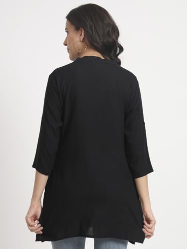 Image of Women's Roll-Up Sleeve Tunic Top, V-Neck with Button Front, Side Pockets, Rayon Short Kurti
