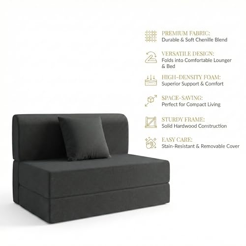Image of Foldable One Seater Sofa Bed 3 X 6 Ft Jute Fabric Washable Cover Sofa Cum Bed with Cushions Convertible Sofa Bed for Home, Office (Black Color - Pre-Assembled)