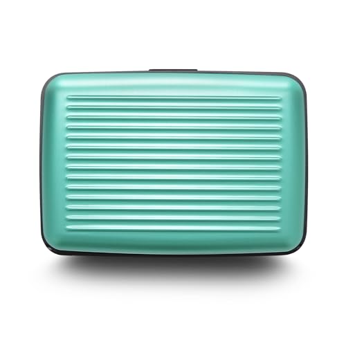 Image of OGON -DESIGNS- Aluminum card holder, RFID protection against fraud and demagnetization, compact wallet, Smart Case STOCKHOLM model (Aluminum Turquoise, Extra-secure lock)