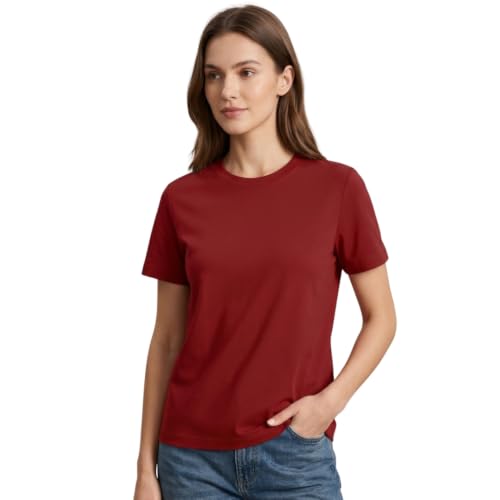 Image of NOBERO 100% Cotton T-Shirts for Women Stylish | Regular Fit | Solid T Shirts for Women 180 GSM Combed Cotton | Crew Neck Half Sleeve