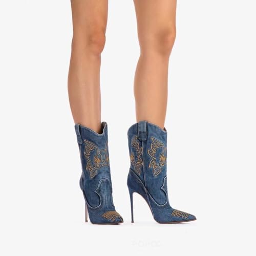 Denim Embroidery Western Boots for Women Pointed Toe Stiletto Heel Comfortable and Stylish Mid Calf Cowboy Riding Boots Party Casual Boots2