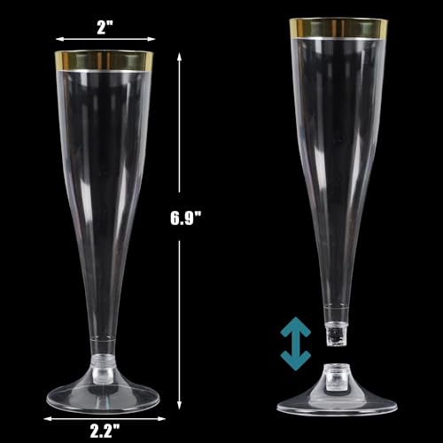 Zcaukya 100 Plastic Champagne Flutes, 4.5oz Clear Disposable Hard Stemware Cups with Golden Rim, Plastic Champagne Glasses for Wedding, Graduation Party, Bridal Shower, Birthday Party - Image 3