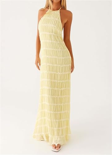 Image of Women Halter Ruched Maxi Dress Backless Sleeveless Long Dress Bodycon See Througn Pleated Sundress Beachwear