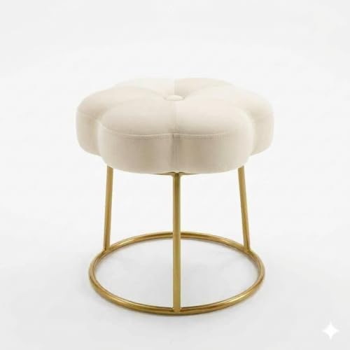 Image of Flower Ottoman Foot Stool for Bedroom and Living Room, Round Makeup Vanity Chair with Metal Legs and Soft Padded Seat-White