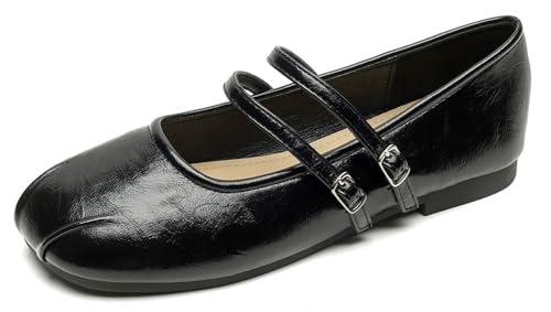 Niction Womens Mary Jane Flat Shoes Retro Faux Suede Square Toe Ballet Flat Shoes Slip On Metal Buckle Double Strap Work Wedding Dressy