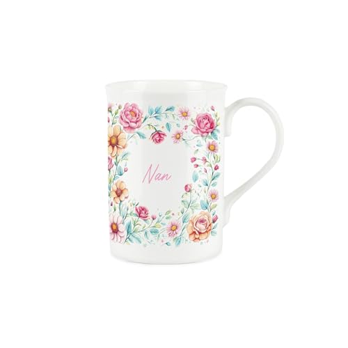 Purely Home Floral Nan Mug - Pink Flowers Mothers Day Present - Bone China Coffee/Tea Mug - Gifts for Nans