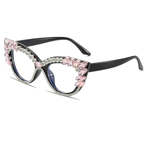 LJCZKA Occhiali Luce Blu Donna Occhi di Gatto con Rhinestone, Vintage Montatura Occhiali da Vista Donna Gatto con Strass Anti Eyestrain