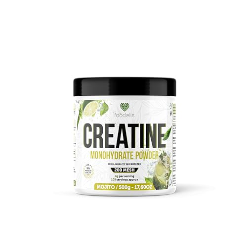 Foodelis Creatina Monohidratada en Polvo 500 g – Sabor Mojito – 100% Creatina Micronizada – Alta Pureza – Sin Aditivos – Vegana – Alta Solubilidad – Incluye Dosificador