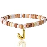 CCINPPY Colorful Beaded Initial Bracelets for Women Trendy, Cute Stretch Gold Letter Charm Bracelets, Personalized Jewelry Gift, Nude, Letter J