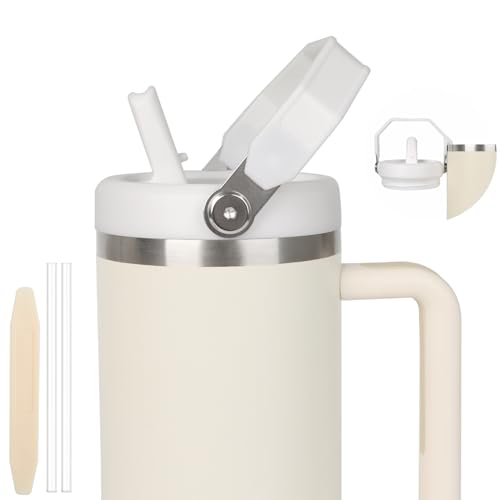 40oz Lid for Stanley Cup Flip Straw Leak Proof Lids Replacement with Handle for 40oz Stanley Quencher and ProTour No Spill Lids Reusable Removable Replacement Accessories for StanleyCup (White*1)