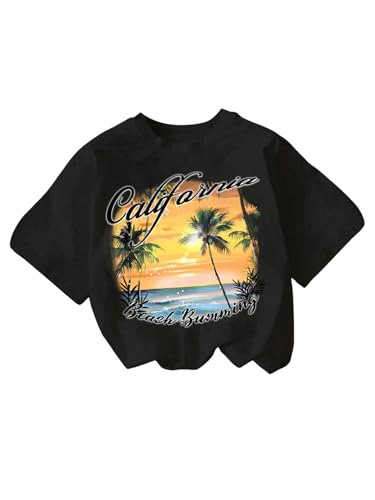 Image of RoseSeek Girl's Graphic Drop Shoulder Star Print Tee Tops Short Sleeve Crew Neck Summer Shirts