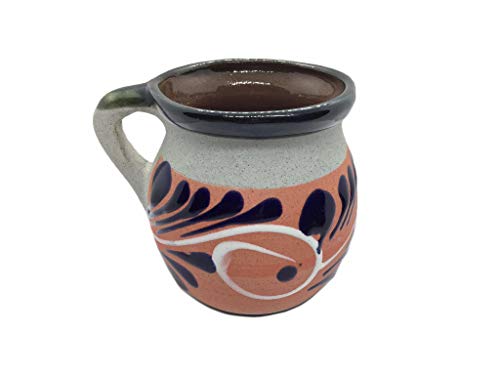 Ceramic Clay Mug Mexican Jarrito Coffee Tea and Hot Beverages Handmade Office and House Men and Women Orange with Blue Leafs