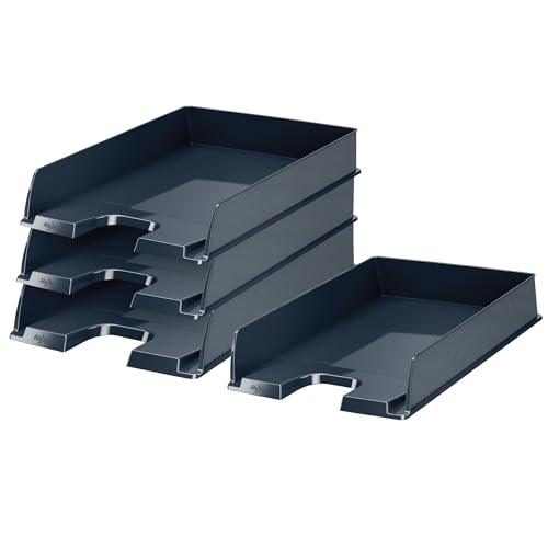 Rexel Choices A4 Letter Tray Stackable & Stepped Document Organiser with Textured Sides Label Area Sturdy Plastic Black Pack of 4 2115735