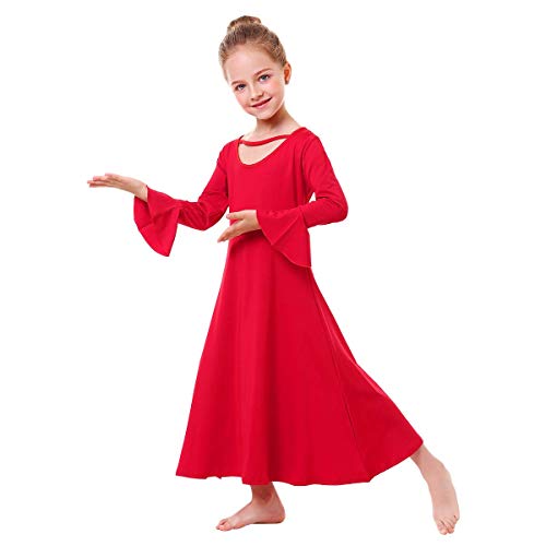 Little Big Girls Praise Loose Fit Full Length Long Sleeve Dance Dress Kids Liturgical Lyrical Church Christian Worship Dancewear Ballet Tunic Circle Costume Praisewear Red 3-4 Years