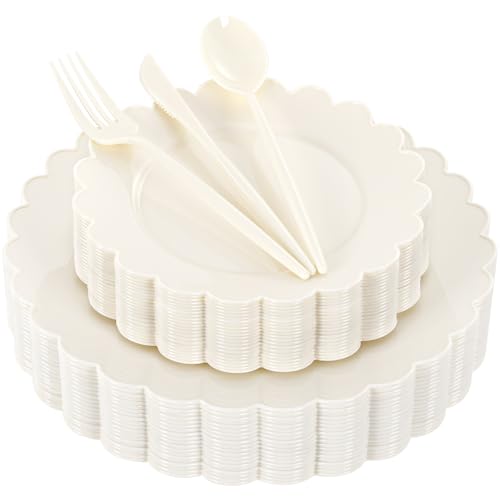 WONDERFUL 150 Pcs Ivory Plastic Plates for Party Disposable Heavy Duty Thanksgiving Plates Ivory Plastic Dinnerware Sets for 30 Guests - 60 Disposable Plate 90 Silverware Sets Scalloped Vintage Design WONDERFUL 150 Pcs Ivory Plastic Plates for Party Disposable Heavy Duty Thanksgiving Plates Ivory Plastic Dinnerware Sets for 30 Guests - 60 Disposable Plate 90 Silverware Sets Scalloped Vintage Design
