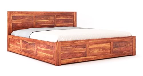 STRATA FURNITURE Sheesham Wood Queen Size Bed with Box Storage Double Cot Wooden Palang for Bedroom Living Room Furniture (Honey Finish)
