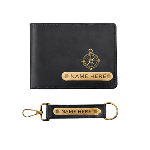 Image of Premium Customized Wallet & Keychain Combo for Men - Stylish Nexon Leather Gift Set with Personalized Name & Charm - Ideal Birthday, Anniversary & Festival Present (Black)