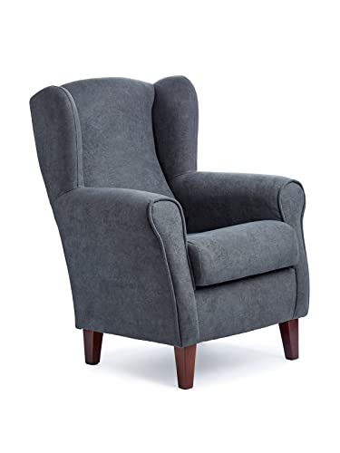Sillonea - Sillón Orejero Roma, butaca pequeña para salón. Sillón de Lectura Individual, Ideal para Ver la TV/Leer. Medida: 100x74x77cm. Tapizado con Tela Antimanchas. (Marengo, Nogal)