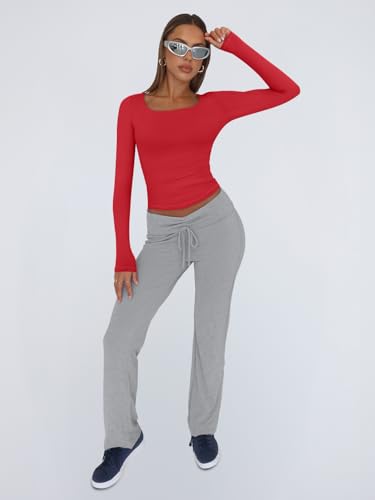 Trendy Queen Womens Long Sleeve Shirts Crop Tops Fall Fashion Solid Square Neck Going Out Basics Tees Y2k Clothes