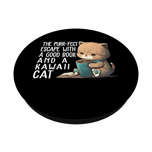 The purr-fect escape Book Lover Book Nerd Librarian PopSockets Swappable PopGrip, Black - Image 2