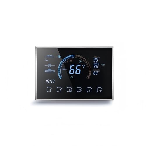 Smart WiFi thermostat display showing current temperature at 66°F, settings for system modes, and energy-efficient features, relevant to high-tech home automation.