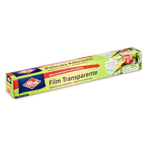 Albal Film transparente autoadherente - Papel film alimentario de corte fácil, papel de cocina transparente extra ancho para todo tipo de recipientes, con 70% materiales reciclados, 30 m x 32,5 cm