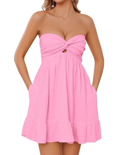 Image of Meladyan Women's Twist Knot Bandeau Tube Dress Solid Strapless Backless Mini Dresses Summer Hollow Ruffle Beach Dress