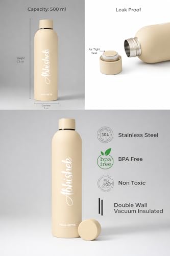 Image of AICA Personalized Name Stainless Steel Water Bottle -500ml - 12 Hrs Hot & 18hHs Cold (Cream) |Customised Gift For Man Woman Girl Boy