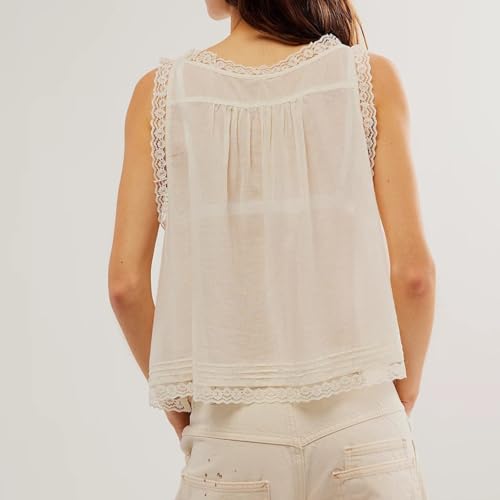 Women Boho Button Down Lace Trim Crop Tank Top Sleeveless Scoop Neck Pleated Solid Flowy Tie Front Cami Shirt4