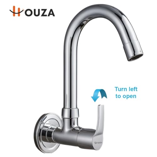 Image of HOUZA Brass Kitchen Sink Tap Faucet | Kitchen Tap with 360 Degree Flexible Swivel High Arc Spout | Water Saving Aerated Flow Kitchen Faucet for Sink (Chrome Finish, Silver)