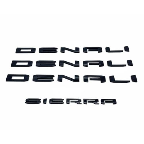 Image of 4pack Set 2019+ Emblems Two Door Denali Plus Tailgate Denali Sierra Letters Badge 3D Replacement for Sierra 1500 Denali 86532074 (All Gloss Black)