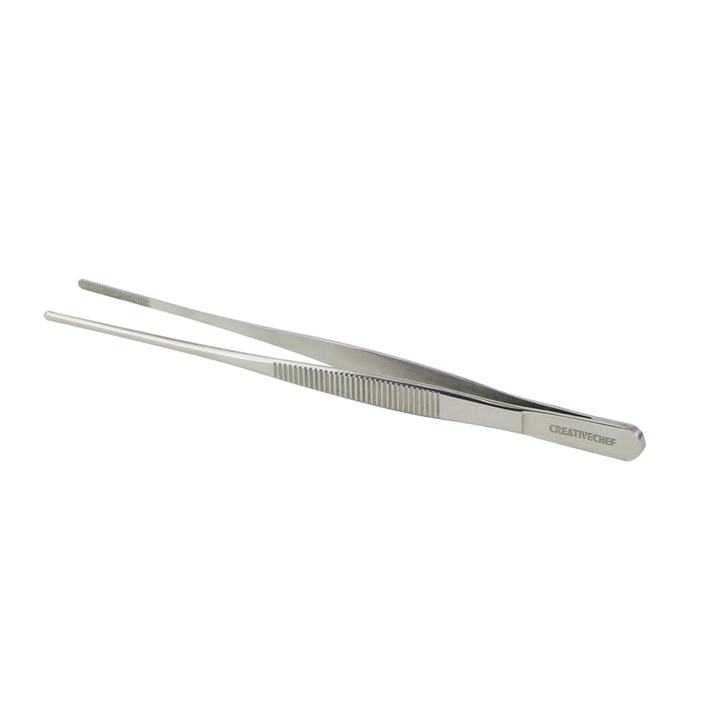 Creativechef Silver 8-Inch Stainless Steel Kitchen Tweezers For Plates - Ergonomic Precision Food Tweezers, Fine Tongs Chef Kitchen Tool For Food And Repairing,