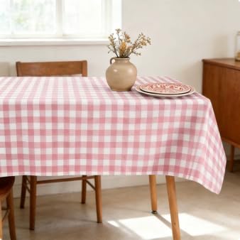 OUTCREATOR Gingham Vinyl Tablecloth with Flannel Backing,Waterproof Rectangle Table Cloth,Wipeable Plastic Buffalo Plaid Table Cover for Kitchen Dining,Camping,Indoor&Outdoor54"x78", Pink and White