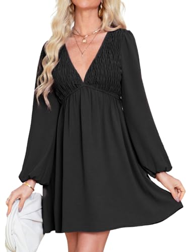 BerryGo Women's Casual Long Sleeve Babydoll Flowy Dress V Neck Swing Party Mini Dress with Pocket for Summer Beach 2025