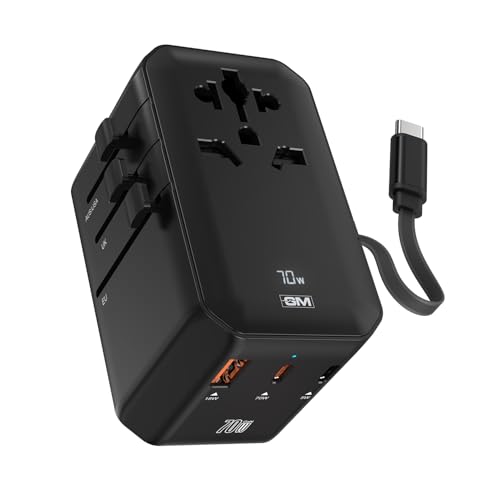 Image of GM G+ 70W TravelEase Pro with Display|Travel Adapter US, UK, EU, AU, 150+ Countries | Multi-Port | Dynamic Wattage Display, MacBook Air-M4, Laptop, iPhone, Samsung, DSLR, 75cm Retractable-C Cable