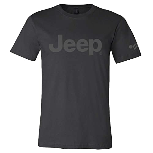 Jeep Text Logo Blackout T-Shirt – Super Soft Cotton Tee with Charcoal Print and Sleeve Grille Graphic – Officially Licensed