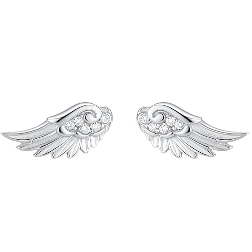 coadipress 925 Sterling Silver Tiny Angel Wing Stud Earrings for Women Crystal Cubic Zircon Angel Feather Earrings Tiny Minimalist Studs Vintage Punk Birthday Jewelry Gift (Silver)