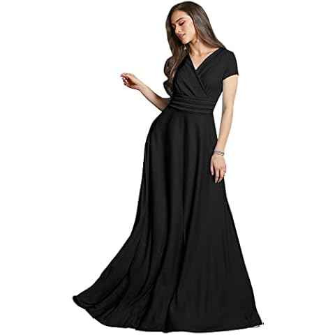 KOH KOH Womens Long Cap Short Sleeve V-Neck Flowy Cocktail Slimming Summer Sexy Casual Formal Sun Sundress Work Cute Dressy Tall Gown Gowns Maxi Dress Dresses, Black L 12-14 Cover
