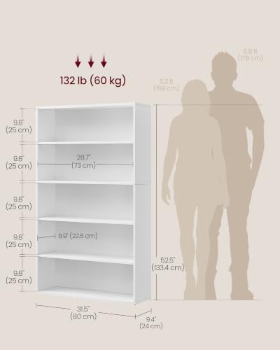 Image of VASAGLE Custos Collection - Bookshelf, 5-Tier Bookcase, Book Shelf, Open Storage Shelf, 9.4 x 31.5 x 52.5 Inches, for Living Room, Home Office, Dinning Room, Cloud White ULBC175T14