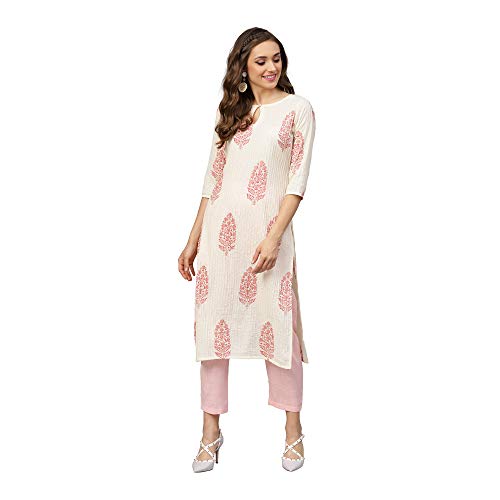 Image of idaLia Cream and Baby Pink Hand Block Print Kurta with Cotton Pants