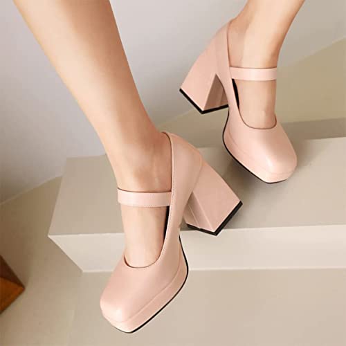 Mary Jane Shoes Women Square Toe High Heel Platform Pumps Patent Leather Punk Ankle Buckle Dress Shoes (Color : Pink, Size : 6.5-7 US)4